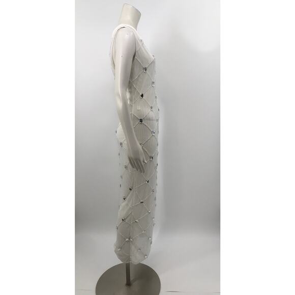 Akira White Chrissy Sheer Mesh Beaded Midi Party Dress Medium - Picture 6 of 15
